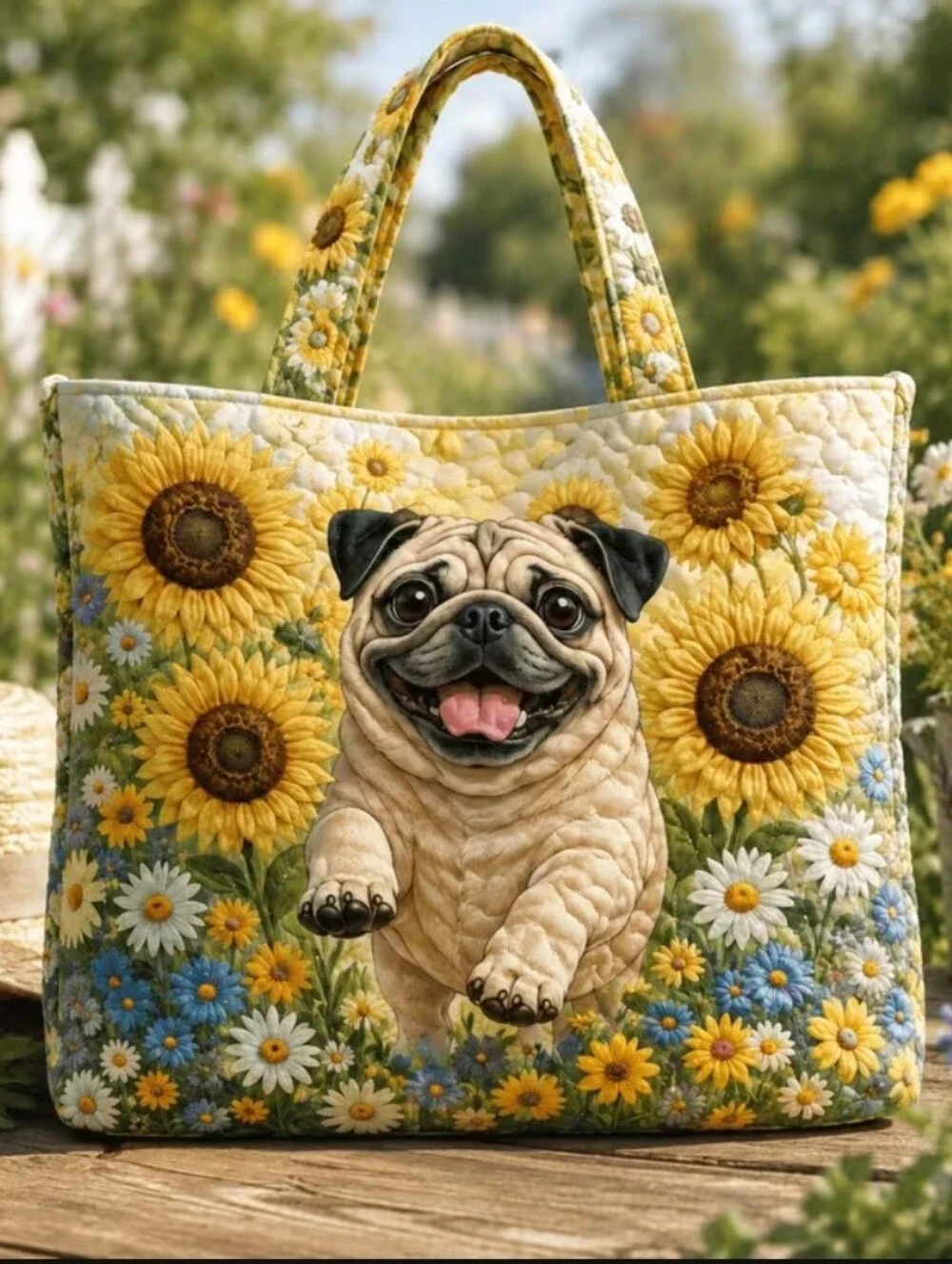 Sunflower Pug Quilted  Tote Bag - Yellow